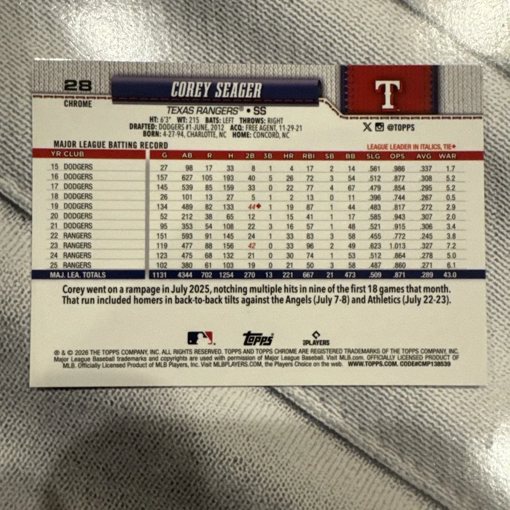 2026 Topps Chrome Corey Seager #28 Red White & Blue Refractor Rangers